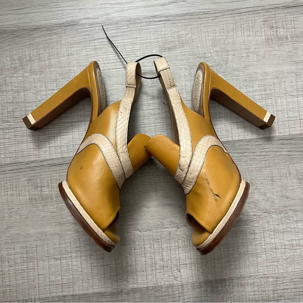 CHLOE Snakeskin Embossed And Leather Slingback Heeled Sandals 37 Mustard Cream - Picture 7 of 16